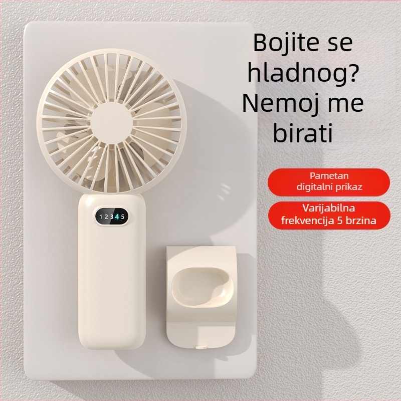 2-u-1 USB stolni ventilator i držač za telefon, kompaktni mini ventilator s ugrađenom baterijom 1000–1200mAh, 5 lopatica, trajanje 6–8 sati