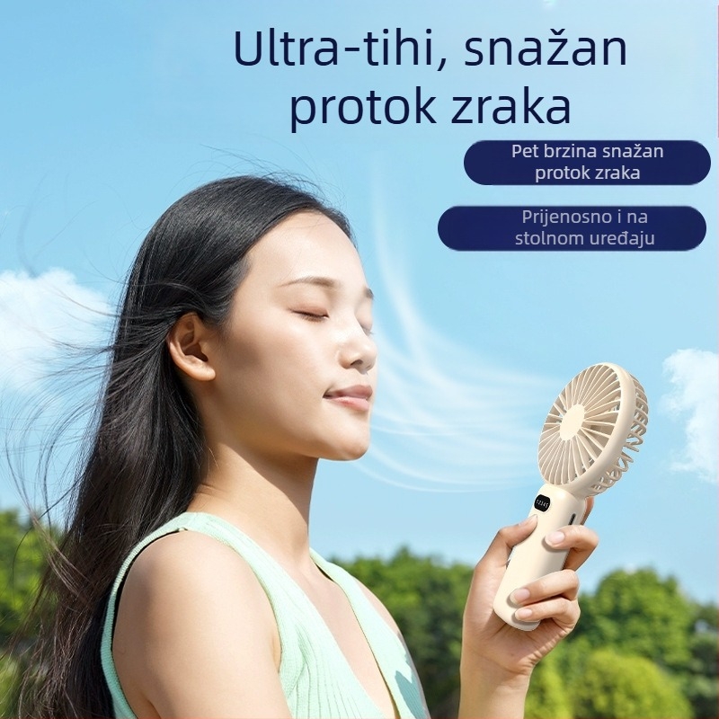 2-u-1 USB stolni ventilator i držač za telefon, kompaktni mini ventilator s ugrađenom baterijom 1000–1200mAh, 5 lopatica, trajanje 6–8 sati