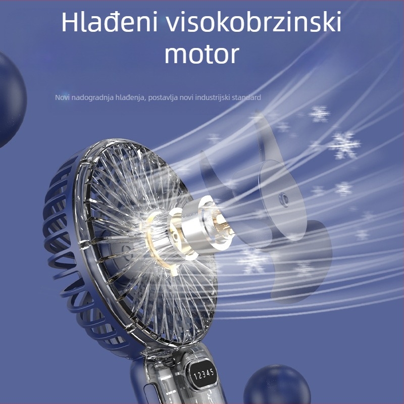 2-u-1 USB stolni ventilator i držač za telefon, kompaktni mini ventilator s ugrađenom baterijom 1000–1200mAh, 5 lopatica, trajanje 6–8 sati