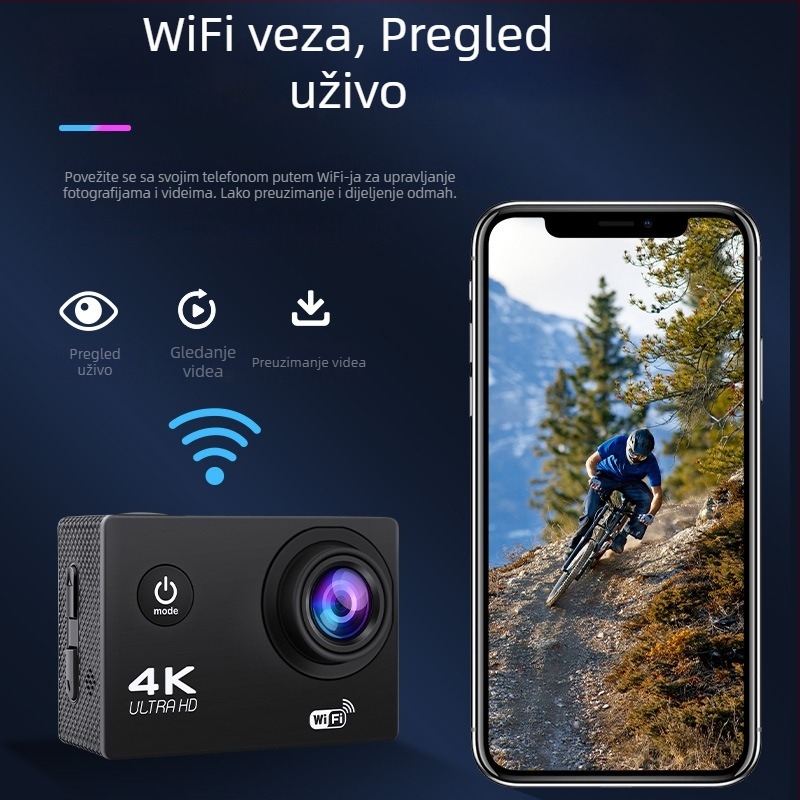 Kamera za nošenje na glavi – 4K video, 16MP fotografije, 2.0″ LCD, TF kartica pohrana, 900mAh baterija