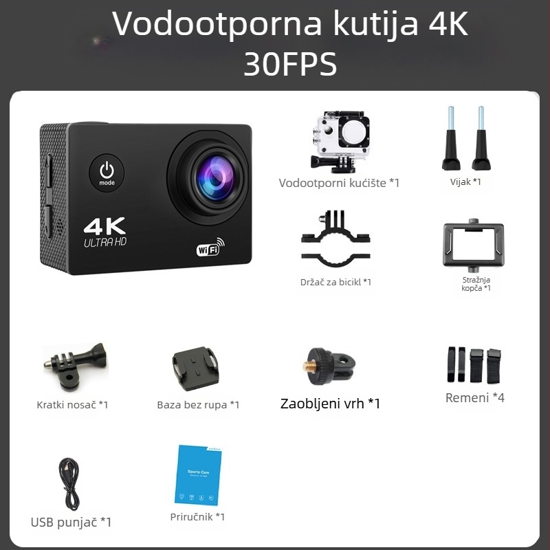 Kamera za nošenje na glavi – 4K video, 16MP fotografije, 2.0″ LCD, TF kartica pohrana, 900mAh baterija