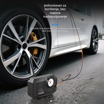 Prijenosna pumpa za zrak za auto s mjeračem tlaka guma, 12V, 120W, 25 L/min, 3 m kabel, 20 cm crijevo