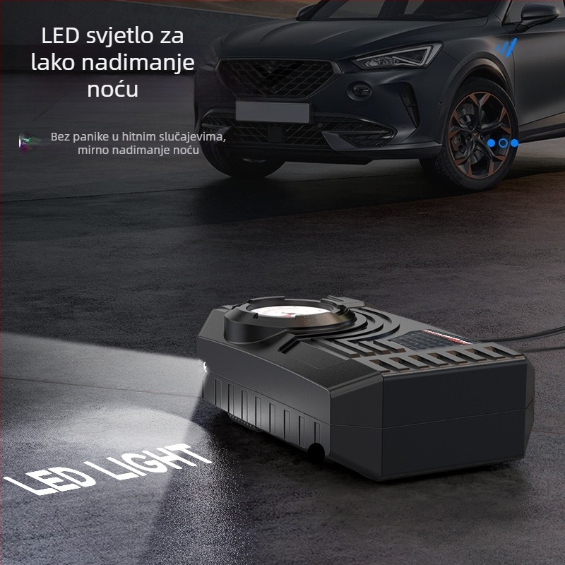 Prijenosna pumpa za zrak za auto s mjeračem tlaka guma, 12V, 120W, 25 L/min, 3 m kabel, 20 cm crijevo