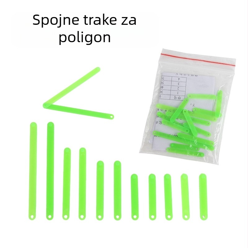 Geometrijski nastavni alat: trake za spajanje mnogokuta, pomični okvir s paralelogramom, demonstracije odnosa trokuta i četverokuta, od plastike.