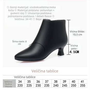 Ženske kratke čizme od mikrovlakna, korejskog stila, šiljat nos, 3–5 cm debeli pet, bočni zatvarač, podstava od umjetnog krzna
