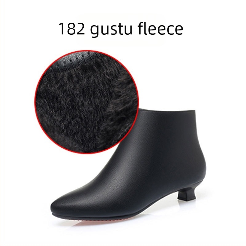 Ženske kratke čizme od mikrovlakna, korejskog stila, šiljat nos, 3–5 cm debeli pet, bočni zatvarač, podstava od umjetnog krzna