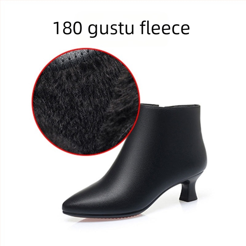Ženske kratke čizme od mikrovlakna, korejskog stila, šiljat nos, 3–5 cm debeli pet, bočni zatvarač, podstava od umjetnog krzna
