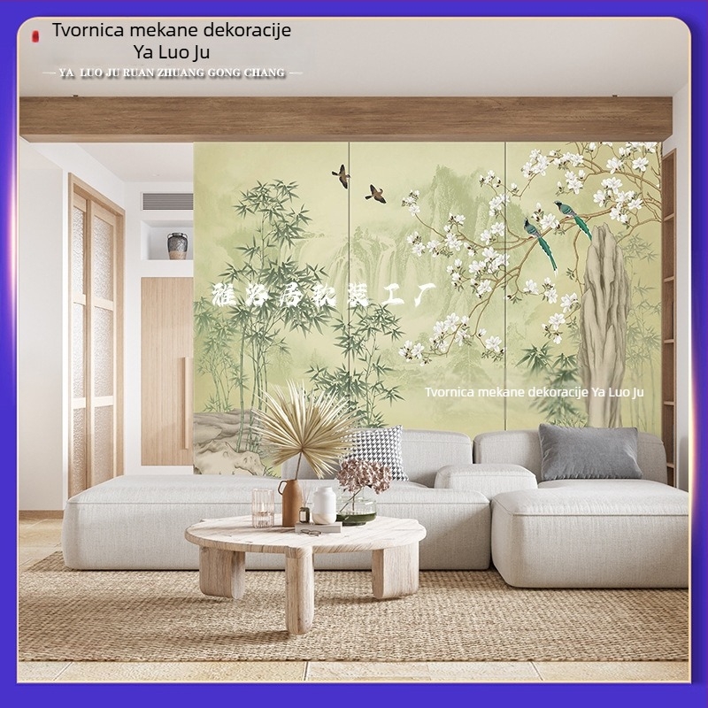 Išareni zidni panel - Novi kineski stil pozadinskog zida s pejzažnim uzorkom, tkanina presvlaka, za dnevni boravak, spavaću sobu, studij ili ulaz; panel uz drveni furnir naslon za krevet, šifra 001
