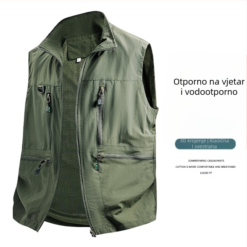 Muška radna vesta - udoban kroj, stojeći ovratnik, zatvarač, više džepova, prozračan poliester, jednobojna, za proljeće i jesen