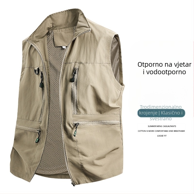 Muška radna vesta - udoban kroj, stojeći ovratnik, zatvarač, više džepova, prozračan poliester, jednobojna, za proljeće i jesen