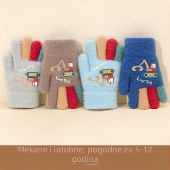 Pletene dječje prstene rukavice – cartoon bagr, toplo, otisak, za uzrast 5–12 godina