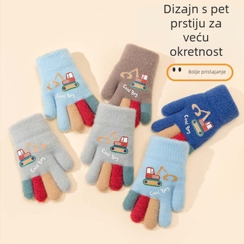 Pletene dječje prstene rukavice – cartoon bagr, toplo, otisak, za uzrast 5–12 godina