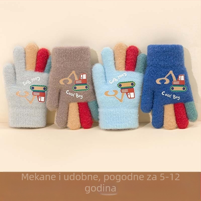 Pletene dječje prstene rukavice – cartoon bagr, toplo, otisak, za uzrast 5–12 godina