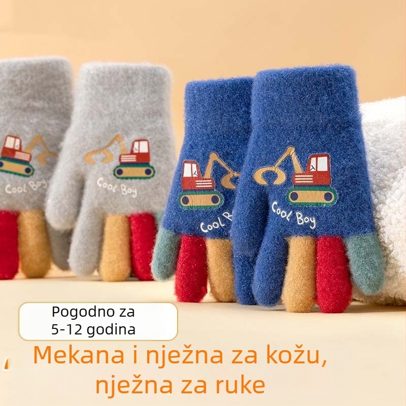 Pletene dječje prstene rukavice – cartoon bagr, toplo, otisak, za uzrast 5–12 godina