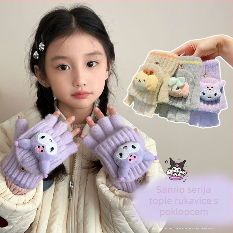 Dječje tople vunene rukavice s poluprst dizajnom, cartoon uzorak, za dob 5–12 godina