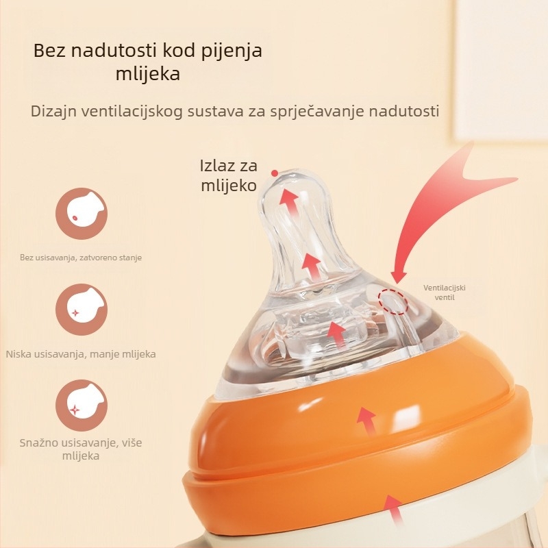 Bočica za hranjenje za bebe sa širokim otvorom, PP materijal, zakrivljeni dizajn, s ručkom, protiv gušenja, protiv nadutosti