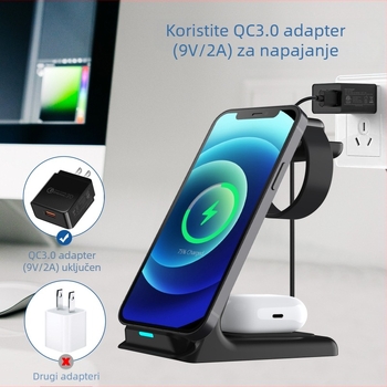 3-in-1 bežični punjač sa uspravnim stalkom za iPhone 14, Apple Watch i AirPods | Maksimalni izlaz 15W