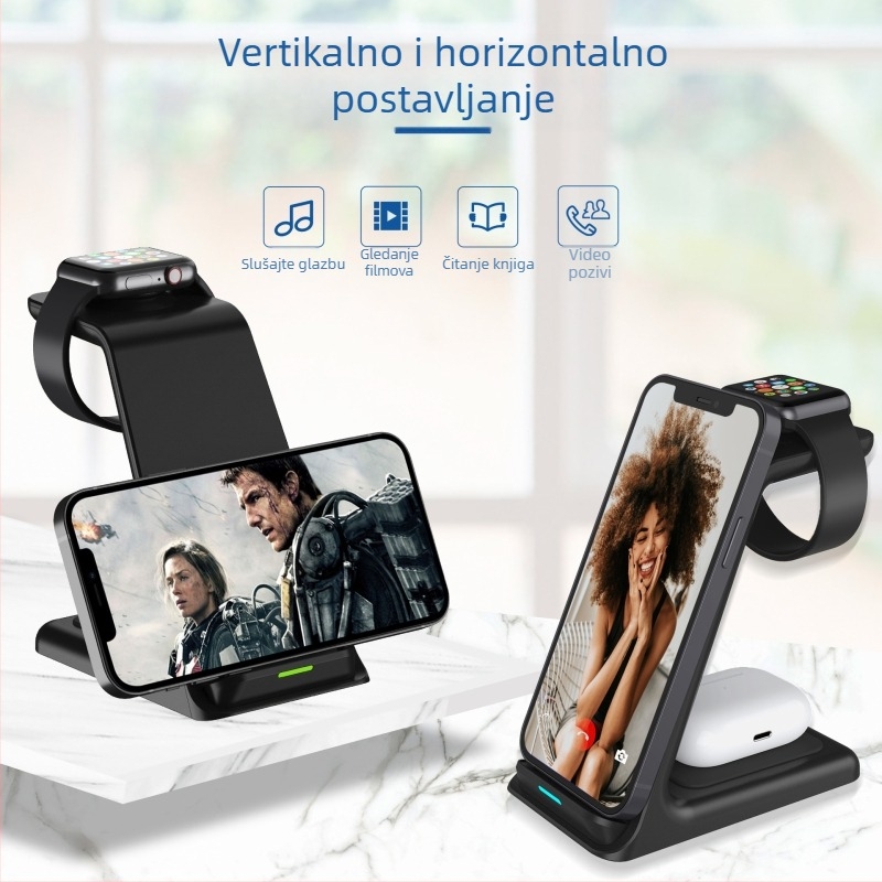 3-in-1 bežični punjač sa uspravnim stalkom za iPhone 14, Apple Watch i AirPods | Maksimalni izlaz 15W