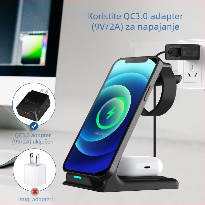 3-in-1 bežični punjač sa uspravnim stalkom za iPhone 14, Apple Watch i AirPods | Maksimalni izlaz 15W