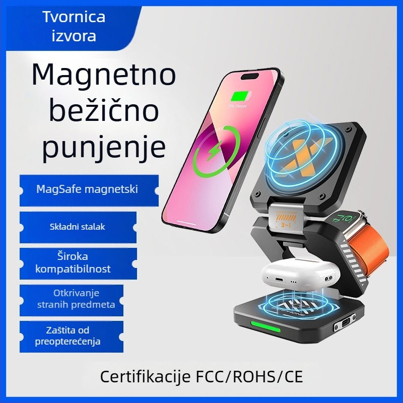 Magnetski bežični punjač tri u jedan, sklopivi dizajn u stilu Mecha, PD/QC3.0, 15W, 2A
