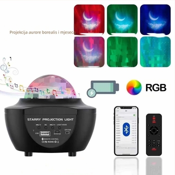 USB punjiva Bluetooth projekcija zvjezdčanog neba za spavaću sobu uz daljinsko upravljanje i zvuk, projekcija Mjeseca i vodeni efekti