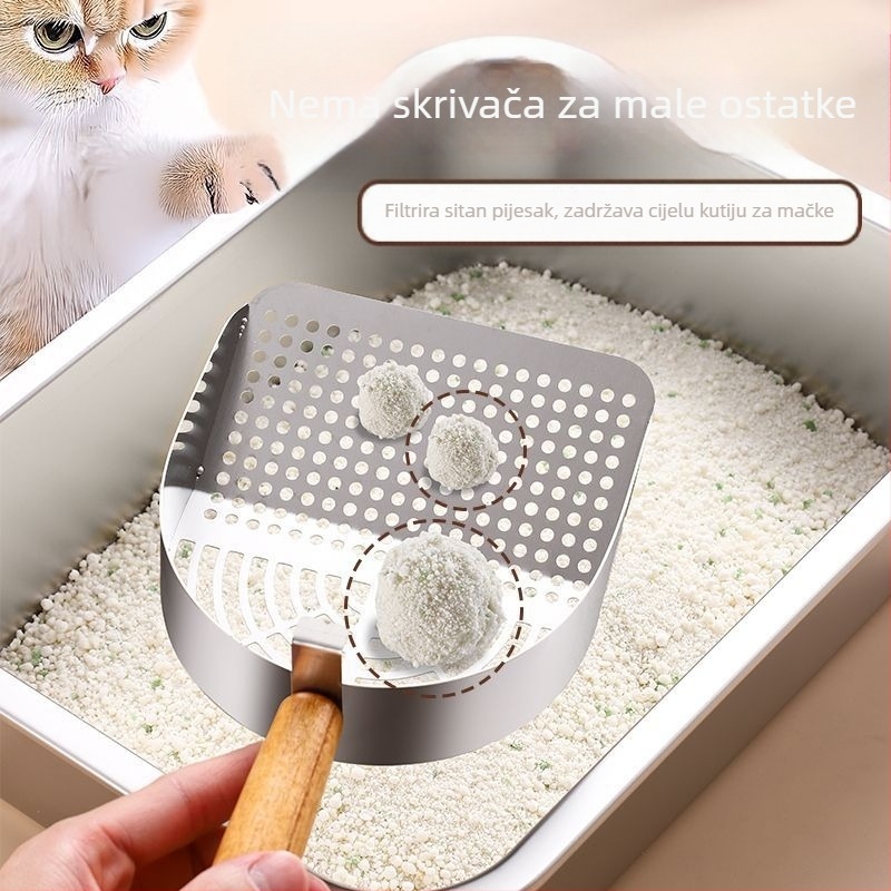 Nerđajući čelična lopatica za mačji izmet s integriranim grubim i finim otvorima, lako za čišćenje, model Tx-089