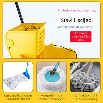 Kanta za mop s okretanjem utiskivanja; mop od pamuka; plastična šipka za mop; postotak tlačenja 80–90%; nosivost ispod 10 kg