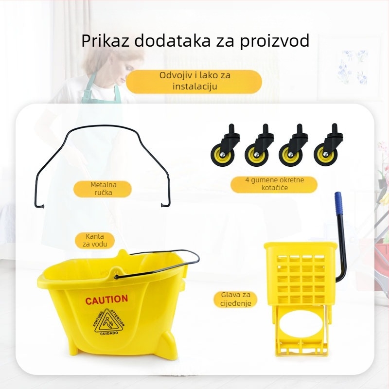 Kanta za mop s okretanjem utiskivanja; mop od pamuka; plastična šipka za mop; postotak tlačenja 80–90%; nosivost ispod 10 kg