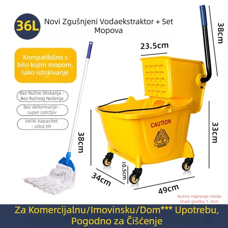 Kanta za mop s okretanjem utiskivanja; mop od pamuka; plastična šipka za mop; postotak tlačenja 80–90%; nosivost ispod 10 kg