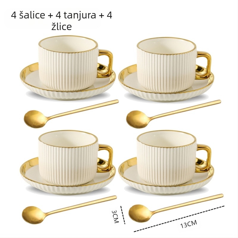 Set šalice i tanjurića za kavu, keramika, latte-art detalji, moderni minimalistički stil, 12-dijelni set za 6 osoba, s otisnutim logom