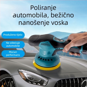 Prijenosni polir i voskač za automobil s 12V litij baterijom, vertikalna radnja, 2800–5000 rpm, uključuje ravne i valovite diskove, vuneni kotač i brusni papir