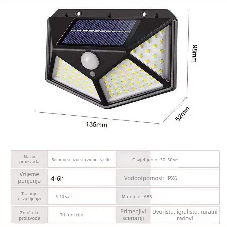 Solarna vanjska zidna svjetiljka, četverostruko osvjetljenje, IP65, 5W, 3.7V