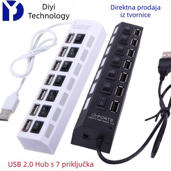 USB 2.0 hub s 7 portova za PC i prijenosno računalo, USB proširivač za prijenos podataka i napajanje