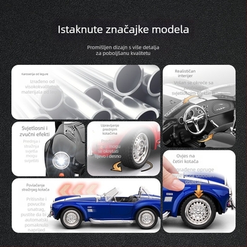 Jiaye 1:22 Cobra Cabriolet aluminijski model sportskog automobila sa zvukom i svjetlom, auto-igračka s vučnim mehanizmom