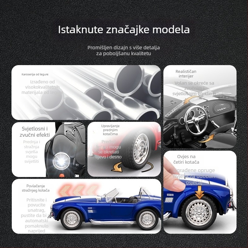 Jiaye 1:22 Cobra Cabriolet aluminijski model sportskog automobila sa zvukom i svjetlom, auto-igračka s vučnim mehanizmom