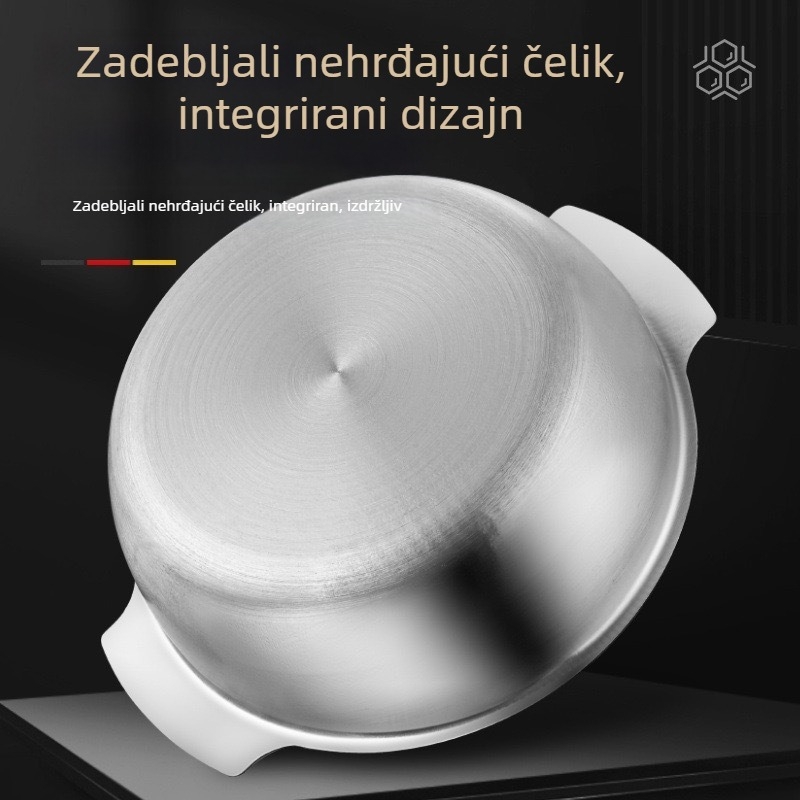Višestruki set posuda od nehrđajućeg čelika s dvostrukom drškom — zdjela za salatu, zdjela za rezance, zdjela za pečenje; kompatibilan s indukcijom i plinskim štednjakom; neprijanjajući premaz; kapacitet 1,1–2 L