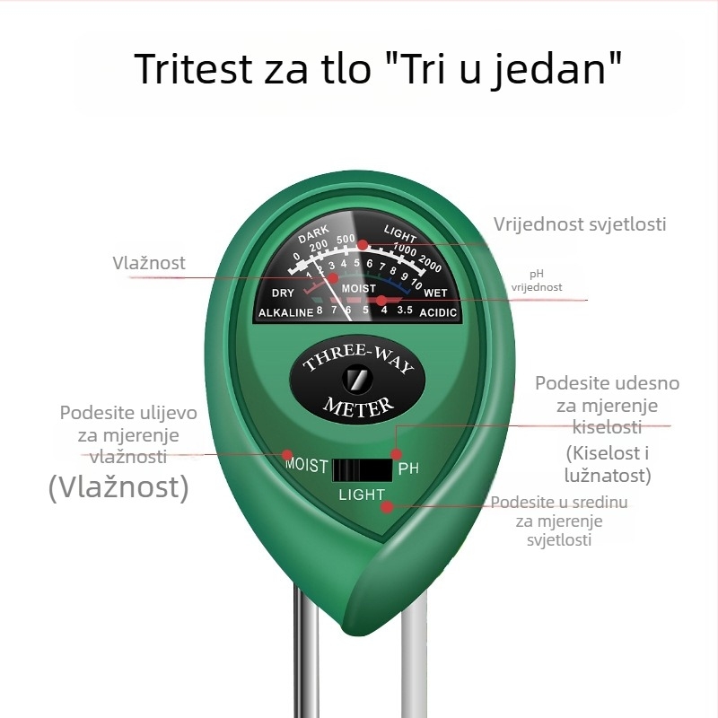 3-u-1 tester tla: vlaga, pH i hranjive tvari za biljke, s okruglim vrhom