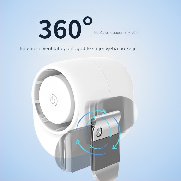 Ažurirani klips ventilator s dugim vijekom trajanja baterije, kompaktni mini ventilator s 360° rotacijom, za pojas, tih