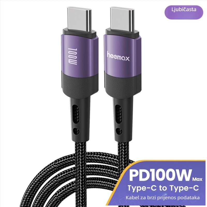 heemax 100W dvostruki USB-C podatkovni kabel za punjenje iPhone 15, Huawei i Samsung telefona te prijenosnih računala i tableta; kućište od aluminijske legure; crna; duljine 0,3 m, 1 m, 2 m, 3 m