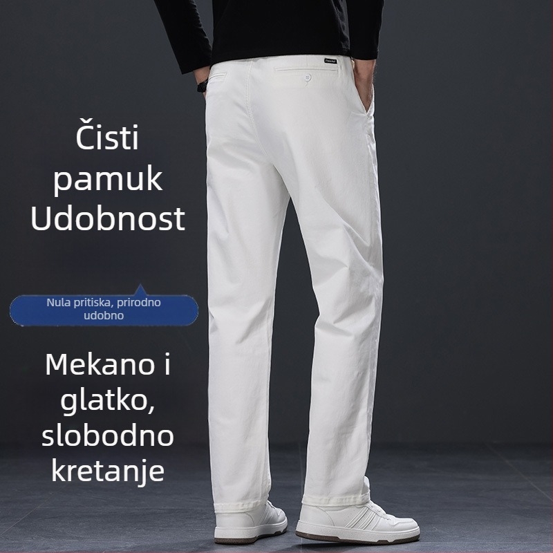 Muške bijele pamučne ljetne hlače, casual stil, ravnog kroja, srednje visine struka, lagane