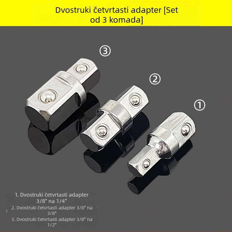 3/8" socket adapter s dvostrukom glavom, vanjskim kvadratnim reduktorom, kliješta i adapterom za udarač