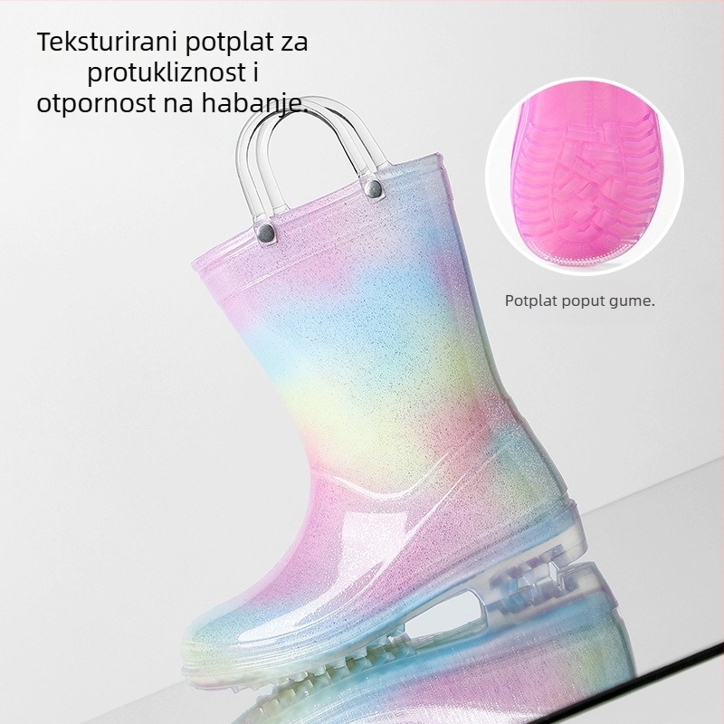 Dječje kišne čizme - u princess stilu, prozirne s duginim bojama, protuklizne PVC čizme