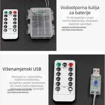 Vodootporno kućište za baterije s bakrenim žicama, USB LED niz za vanjsku dekoraciju i božićno osvjetljenje