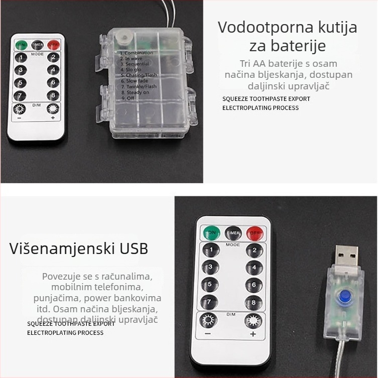 Vodootporno kućište za baterije s bakrenim žicama, USB LED niz za vanjsku dekoraciju i božićno osvjetljenje