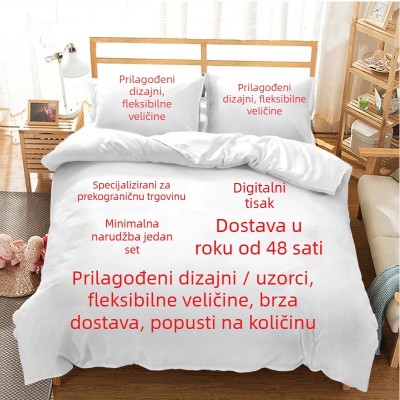 Trodijelni set posteljine s crtanim božićnim motivom, nordijski stil, crna boja, uključuje navlaku za pokrivač i navlake za jastuke