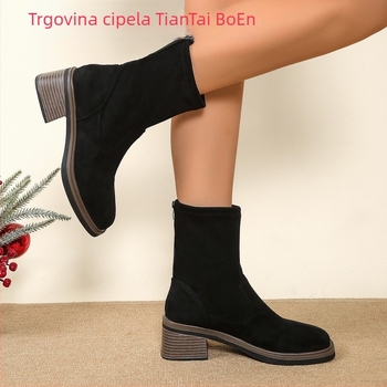 Ženske gležnjače sa stražnjim zatvaračem, nubuk/suede, okrugli vrh, srednji pet, jesen-zima, velika veličina