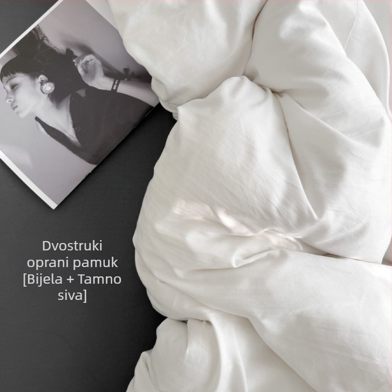 Posteljina od opranog pamuka, jednobojna, mekana na dodir, jednostavnog dizajna, četverodjelni set