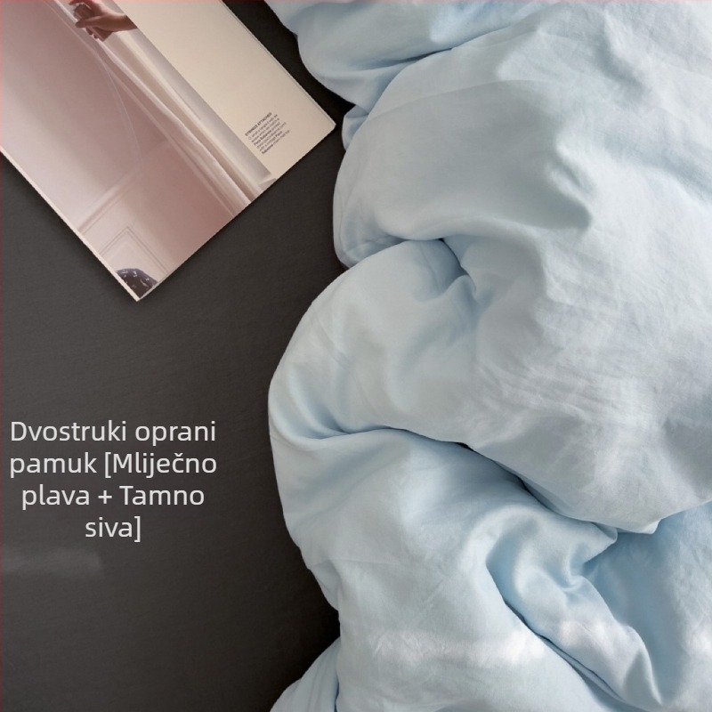 Posteljina od opranog pamuka, jednobojna, mekana na dodir, jednostavnog dizajna, četverodjelni set