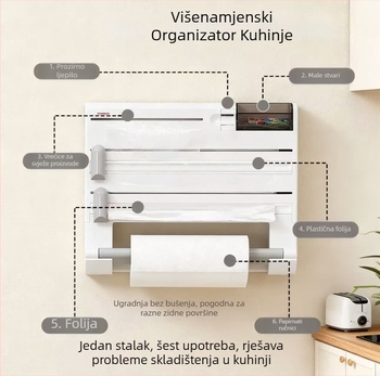 6-u-1 višenamjenski kuhinjski stalak za pohranu s rezačem za plastičnu foliju i aluminijsku foliju, držač za papirnate ručnike bez bušenja