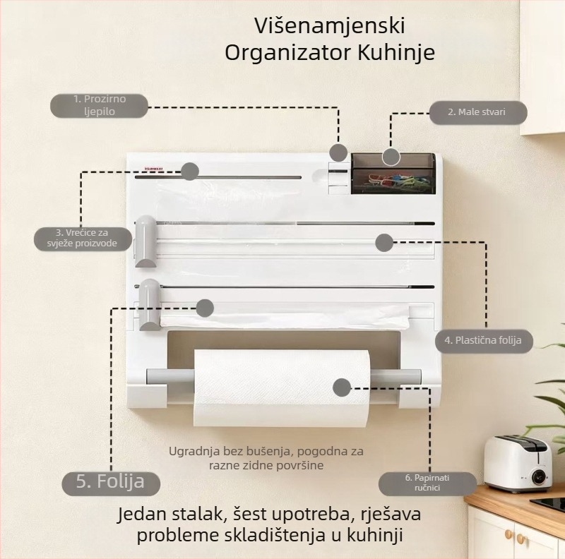 6-u-1 višenamjenski kuhinjski stalak za pohranu s rezačem za plastičnu foliju i aluminijsku foliju, držač za papirnate ručnike bez bušenja